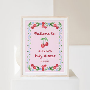 Pink Cherries Whimsical Retro Baby Dusche Empfang Poster