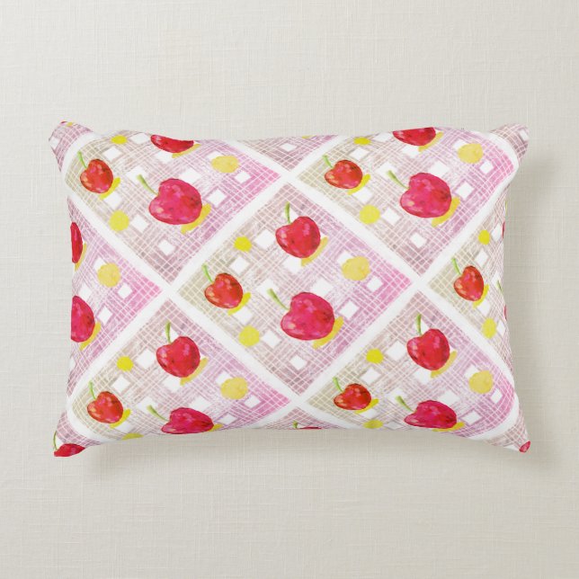 Pink Cherry auf Soft Kariert Dekokissen (Vorderseite)