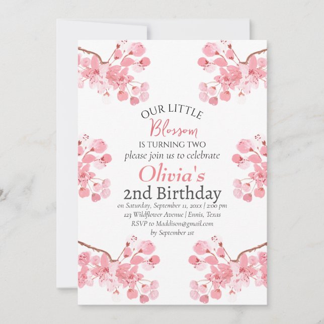 Pink Cherry Blossom 2. Geburtstag Einladung (Vorderseite)