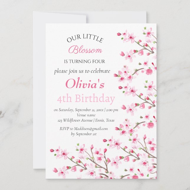 Pink Cherry Blossom 4. Geburtstag Einladung (Vorderseite)