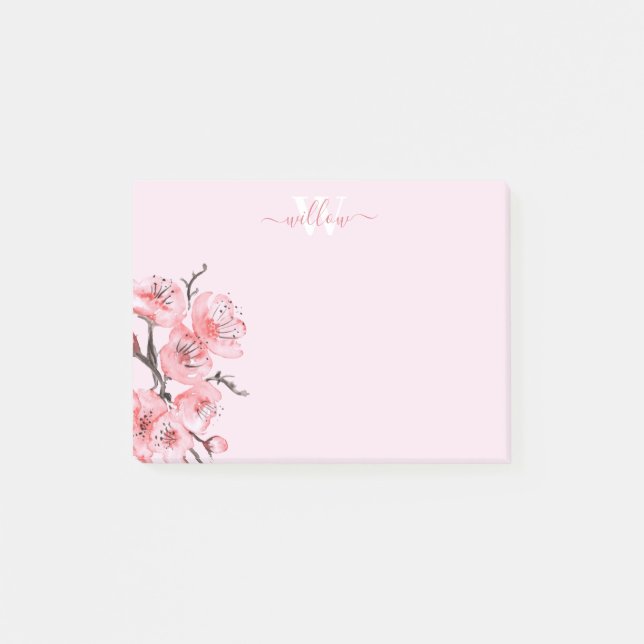 Pink Cherry Blossom Aquarellfarbenmonogramm Post-it Klebezettel (Vorderseite)