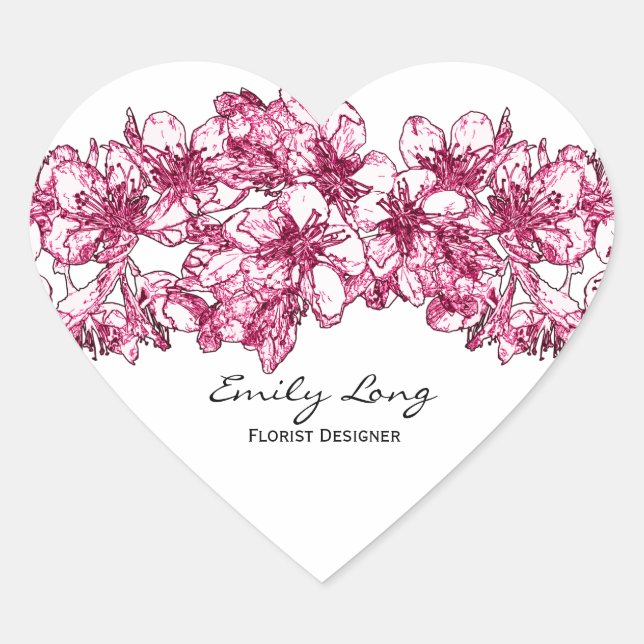 Pink Cherry Blossom Arrangement Sketch Design Herz-Aufkleber (Vorderseite)