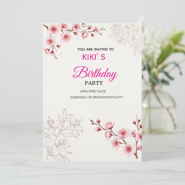 Pink Cherry Blossom Birthday Invitation | Watercol (Debout devant)