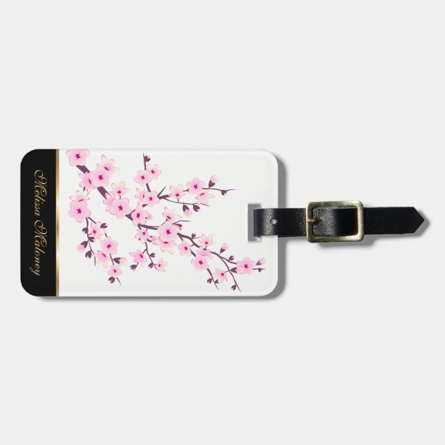 Pink Cherry Blossom Bläserweiße Custom Gepäckanhänger (Vorderseite horizontal)