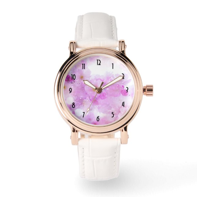 Pink Cherry Blossom Blume Foto Armbanduhr (Vorderseite)