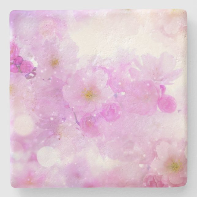 Pink Cherry Blossom Blume Foto Steinuntersetzer (Vorderseite)