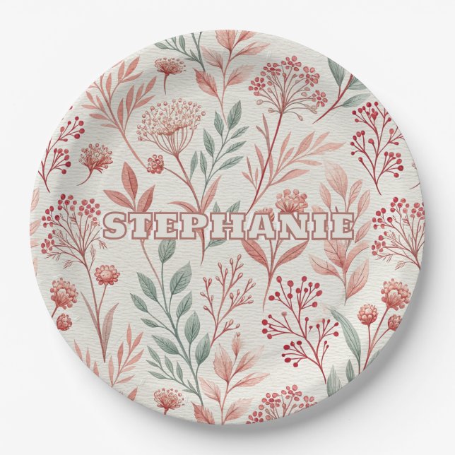 Pink Cherry Blossom, Blumenmuster und Blätter Must Pappteller (Vorderseite)