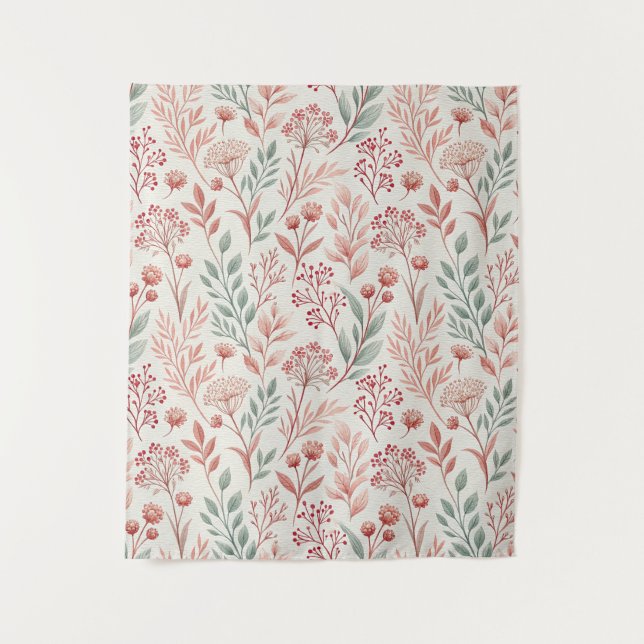 Pink Cherry Blossom, Blumenmuster und Blätter Must Wandteppich (Vorderseite)