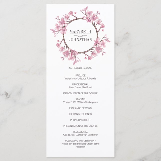 Pink Cherry Blossom Blumenreath Wedding Programm (Vorderseite)