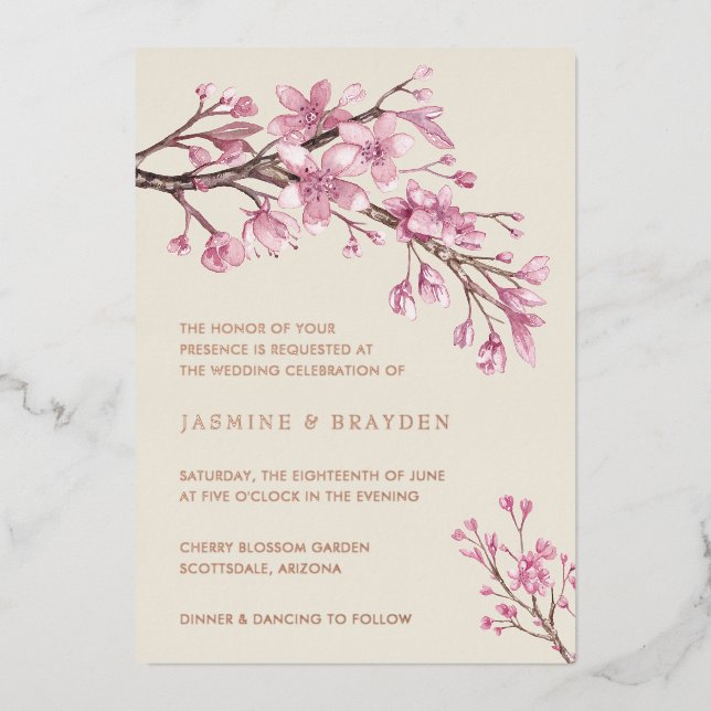 Pink Cherry Blossom Blumenzwiebeln Rose Gold Folieneinladung (Vorderseite)