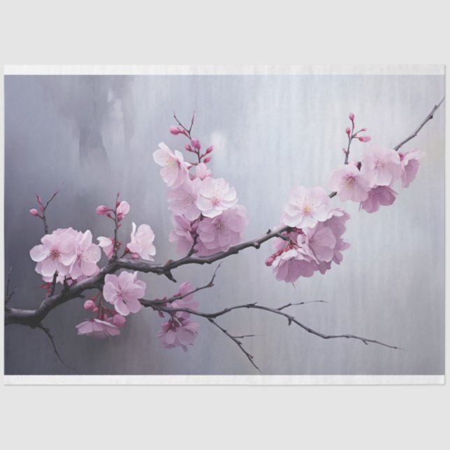 Pink Cherry Blossom Branch Misty Silver Sky Seidenpapier (Vorderseite)