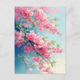 Pink Cherry Blossom Branches in Blue Sky Postkarte