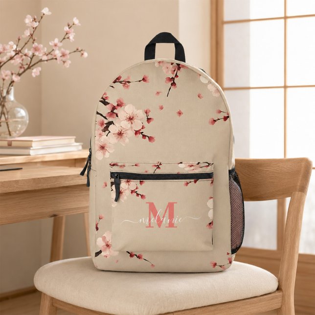 Pink Cherry Blossom Custom Monogram Name Bedruckter Rucksack (Pink Cherry Blossom Custom Monogram Name Printed Backpack)