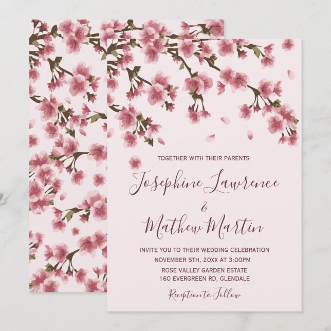 Pink Cherry Blossom Einladung zur Hochzeit (Vorne/Hinten)