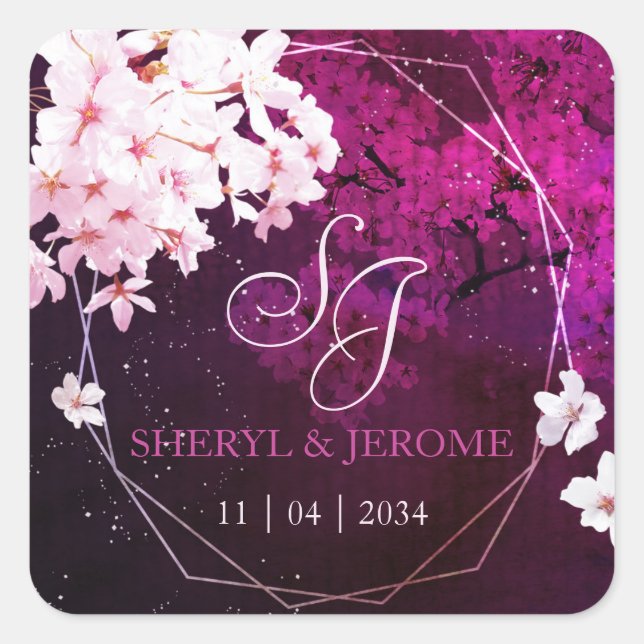 Pink Cherry Blossom Einladung zur Hochzeit Quadratischer Aufkleber (Vorderseite)