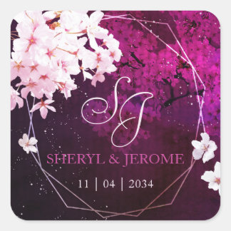 Pink Cherry Blossom Einladung zur Hochzeit Quadratischer Aufkleber