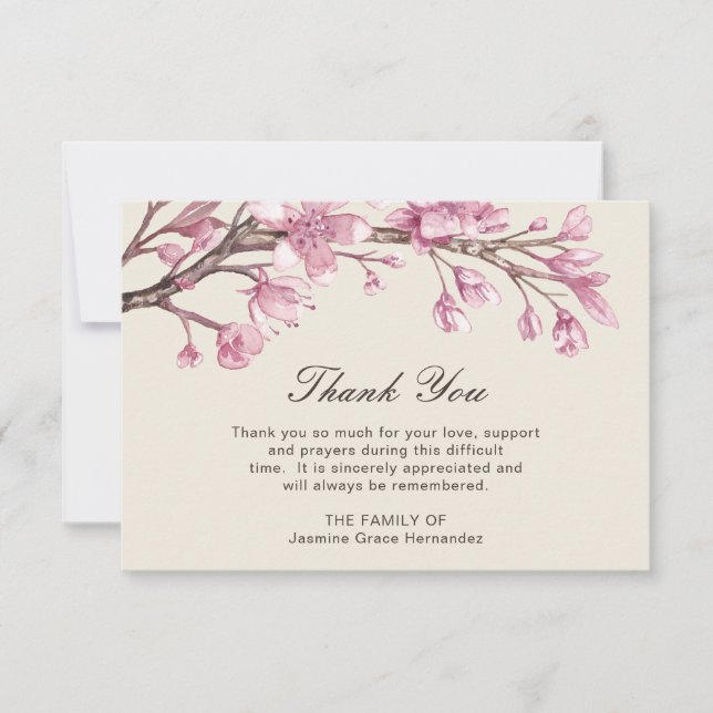Pink Cherry Blossom Elegantes Beerdigungs-Beileid Dankeskarte (Vorderseite)