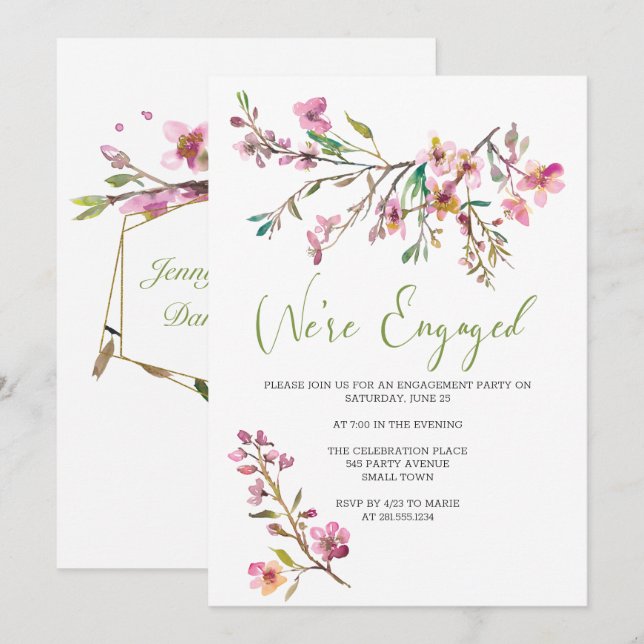 Pink Cherry Blossom Floral Engagement Party Einladung (Vorne/Hinten)