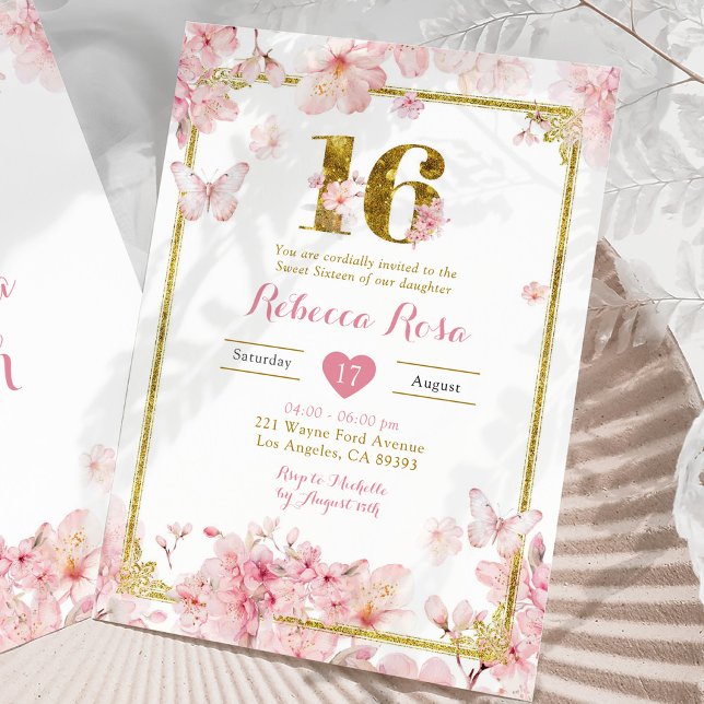 Pink Cherry Blossom Floral Girl Royal Sweet 16 Einladung (Von Creator hochgeladen)