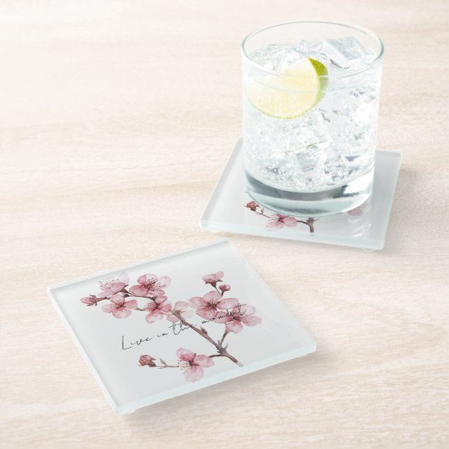 Pink Cherry Blossom Floral Glasuntersetzer (Schrägansicht)