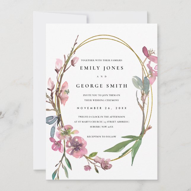 PINK CHERRY BLOSSOM FLORALWREATH WEDING INVITE DANKESKARTE (Vorderseite)