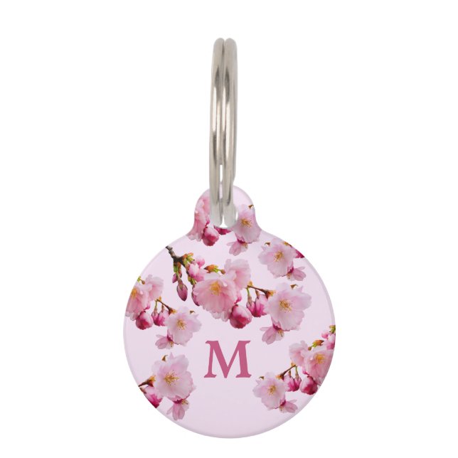 Pink Cherry Blossom Frühlingsblumen Monogramm Haustiermarke (Vorderseite)