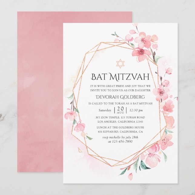 Pink Cherry Blossom Geometric Bat Mitzvah Einladung (Vorne/Hinten)