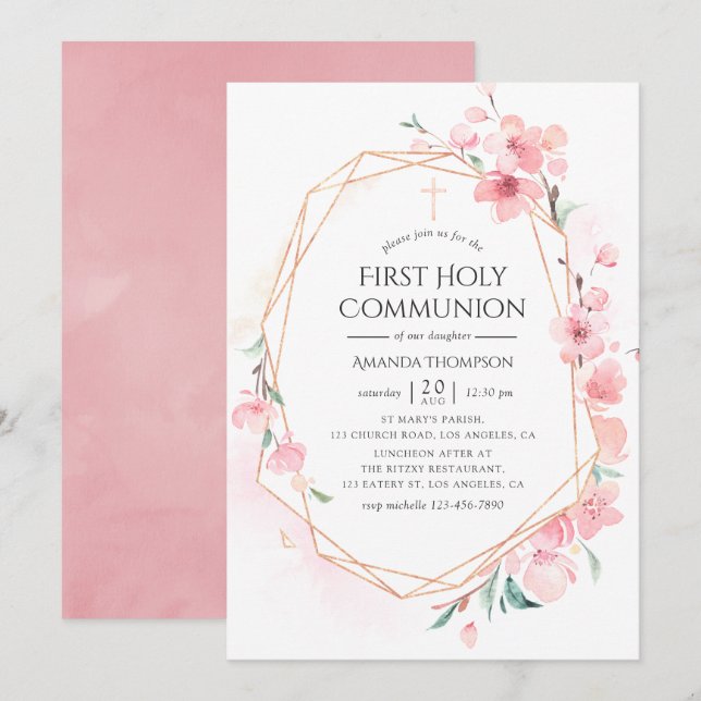 Pink Cherry Blossom Geometric Heilige Kommunion Einladung (Vorne/Hinten)