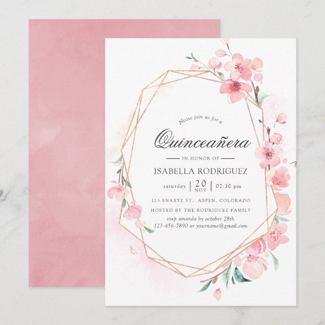 Pink Cherry Blossom Geometric Spring Quinceañera Einladung (Vorne/Hinten)