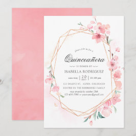 Pink Cherry Blossom Geometric Spring Quinceañera Einladung