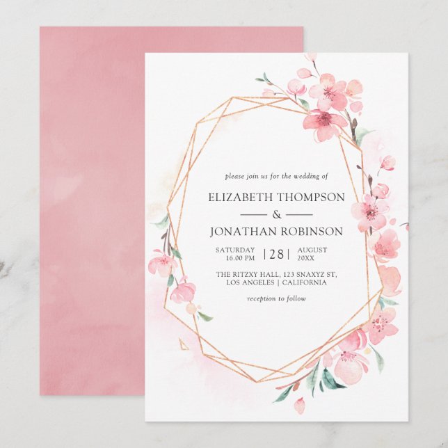 Pink Cherry Blossom Geometric Spring Wedding Einladung (Vorne/Hinten)