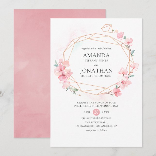 Pink Cherry Blossom Geometric Spring Wedding Einladung (Vorne/Hinten)