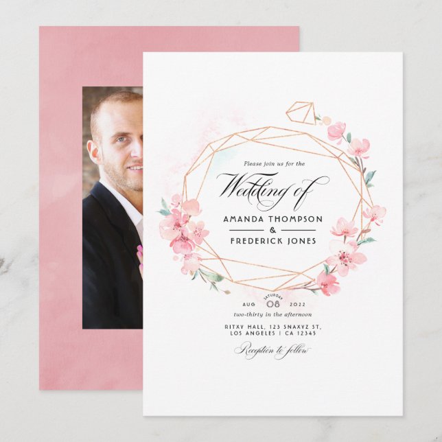 Pink Cherry Blossom Geometric Spring Wedding Foto Einladung (Vorne/Hinten)