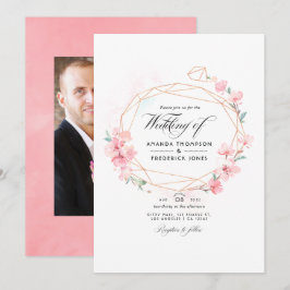 Pink Cherry Blossom Geometric Spring Wedding Foto Einladung