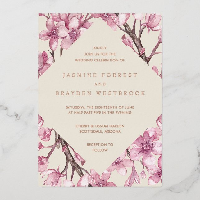 Pink Cherry Blossom Geometric Wedding Rose Gold Folieneinladung (Vorderseite)