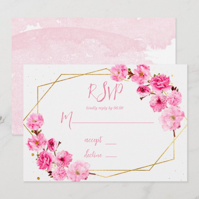 Pink Cherry Blossom Geometric Wedding RSVP Cards Einladung (Vorne/Hinten)