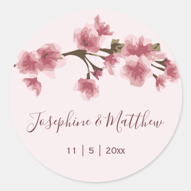 Pink Cherry Blossom Hochzeitskleber Runder Aufkleber (Vorderseite)
