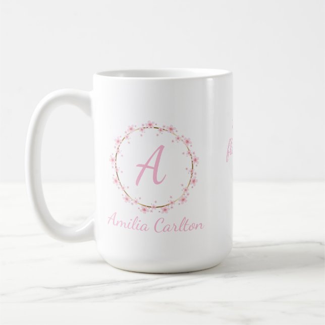 Pink Cherry Blossom Initial Feminine Blumenstrauß Kaffeetasse (Links)
