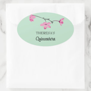 Pink Cherry Blossom Minze Green Quinceanera Ovaler Aufkleber