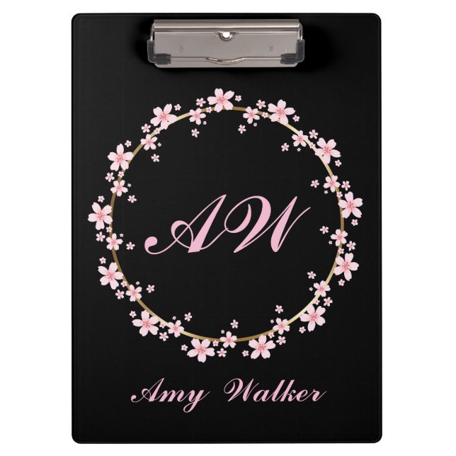 Pink Cherry Blossom Monogram Feminine Floral Wreat Klemmbrett (Vorderseite)