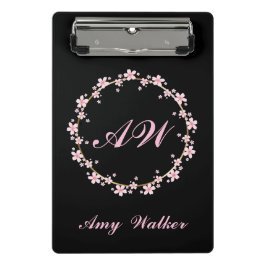 Pink Cherry Blossom Monogram Feminine Floral Wreat Mini Klemmbrett