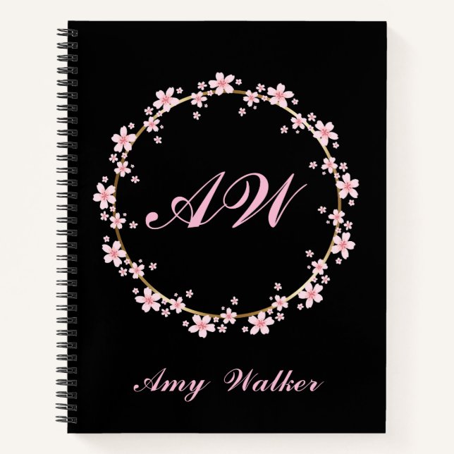 Pink Cherry Blossom Monogram Feminine Floral Wreat Notizbuch (Vorderseite)