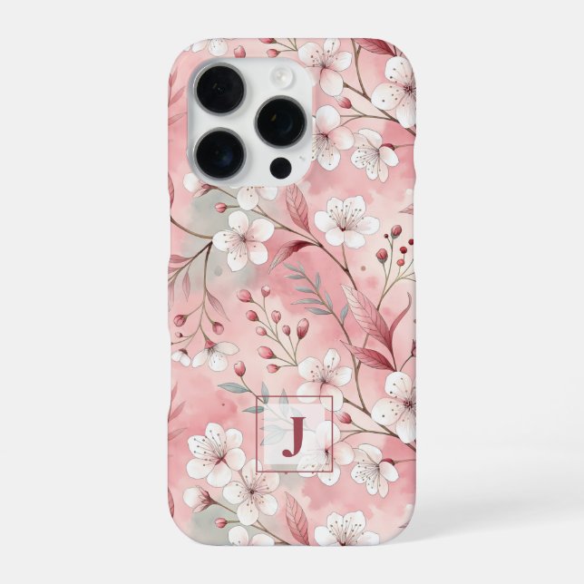 Pink cherry blossom monogram iPhone 16 pro hülle (Rückseite)