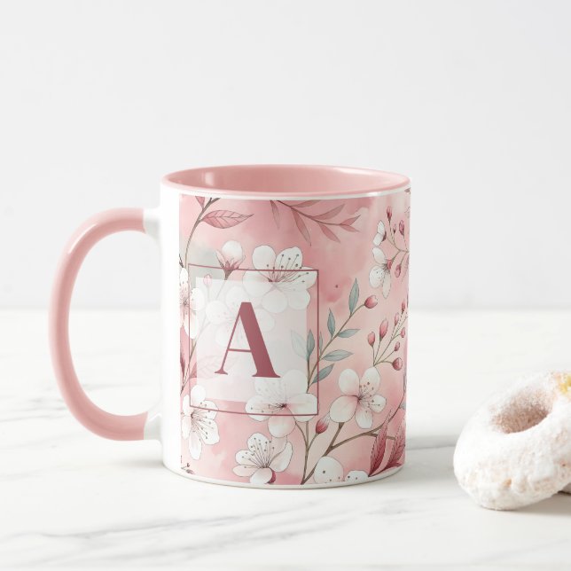 Pink cherry blossom monogram tasse (Mit Donut)
