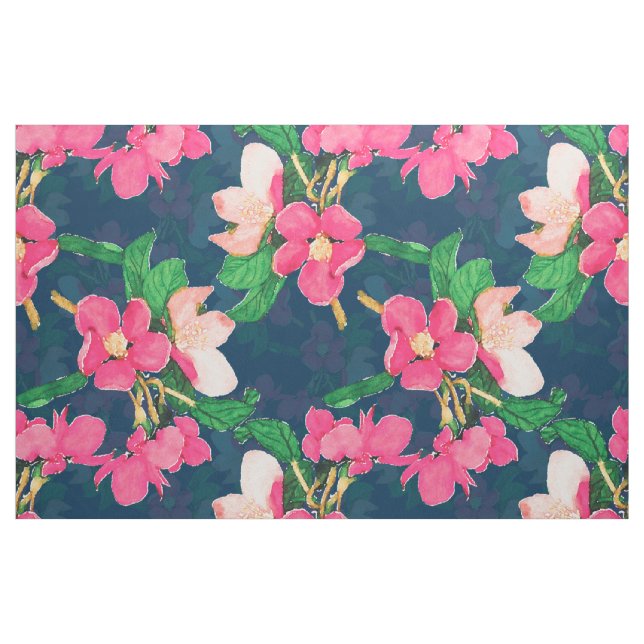Pink Cherry Blossom Paint Navy Blue Design Stoff (Fat Quarter (45,7 x 55,9 cm))