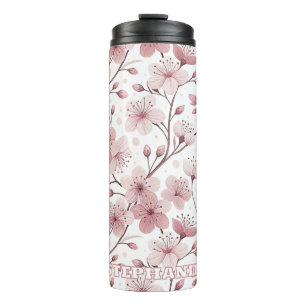 Pink Cherry Blossom Sakura Muster auf Weiß (2) Thermosbecher
