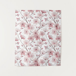 Pink Cherry Blossom Sakura Muster auf Weiß (2) Wandteppich