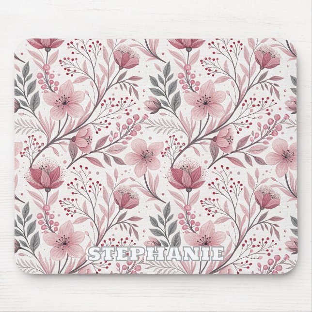 Pink Cherry Blossom Sakura Muster auf Weiß (3) Mousepad (Vorne)