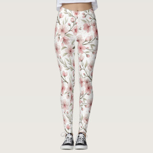 Pink Cherry Blossom Sakura Muster auf Weiß (5) Leggings