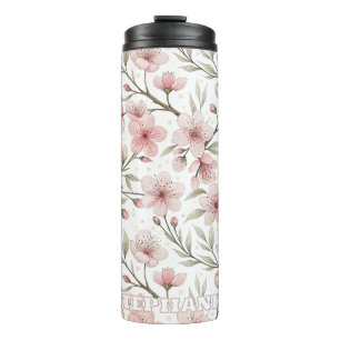 Pink Cherry Blossom Sakura Muster auf Weiß (5) Thermosbecher